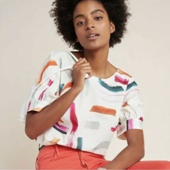 ANTHROPOLOGIE X Aimee Clarke button back brushstroke print short sleeve blouse - Picture 1 of 14